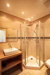 ein Bad mit einer Dusche und einem Waschbecken in der Unterkunft Hotel Mosella in Bullay