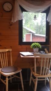 uma secretária e 2 cadeiras num quarto com uma janela em Sollyckan em Knivsta