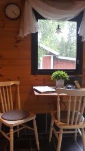 a desk and two chairs in a room with a window at Sollyckan in Knivsta