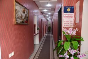 a hallway with red walls and flowers in a hospital at Hotel Like in Akhaltsikhe