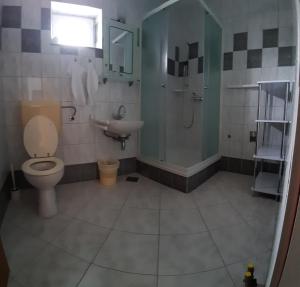 ein Bad mit einem WC, einem Waschbecken und einer Dusche in der Unterkunft Apartmani Matušan in Barbat na Rabu