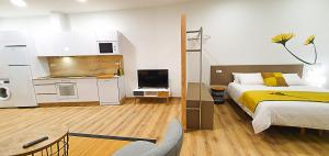 duża sypialnia z łóżkiem i kuchnią w obiekcie Apartamentos Antares 2 w mieście Milladoiro