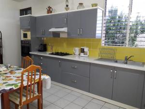 a kitchen with gray cabinets and a yellow wall at Chez Lucile et Gilbert in Bouillante