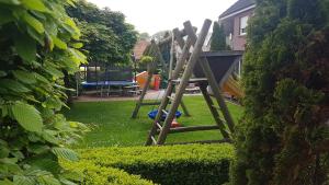 una silla de madera sentada en el césped en un patio en Hausnordlicht Dachspitze 2, en Dornumergrode