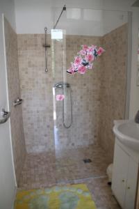a bathroom with a shower with pink flowers on the wall at Au bonheur de LILI in Fontaine-de-Vaucluse