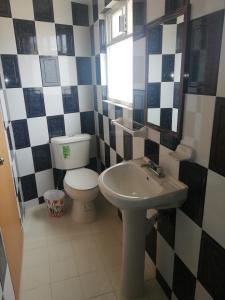 a bathroom with a toilet and a sink at Hotel Villa De Las Flores in Zacatlán