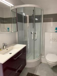 bagno con doccia, lavandino e servizi igienici di L'Imperial a Le Grau-du-Roi