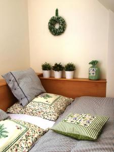 zwei Kissen auf einem Bett mit einem Regal mit Pflanzen in der Unterkunft Apartmán 6 u sjezdovek in Rokytnice nad Jizerou
