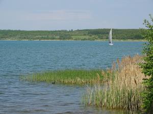 a sail boat in the middle of a large lake at Feriendomizil am Störmthaler See, Lagovida, Leipziger Neuseenland, Großpösna, Privatstrand in Großpösna