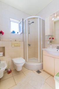 Un baño con ducha, inodoro y lavabo. en Apartments Palma, en Jelsa