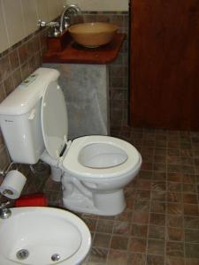 a bathroom with a white toilet and a sink at Cabañas de los Comechingones in Merlo