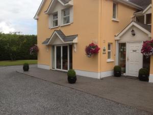 una casa amarilla con macetas delante de ella en Marlinstown Court B&B, en Mullingar