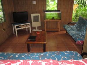 a living room with a tv and a couch and a table at Arcadia Beach Guest House and Car Hire in Nelly Bay