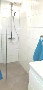 a shower with a glass door in a bathroom at Fewo Saur in Immenstaad am Bodensee