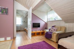 a living room with a couch and a tv in a attic at Cicha Dolina in Międzybrodzie Bialskie