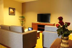 a living room with two couches and a flat screen tv at Summit Parkview Yangon in Yangon
