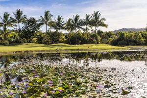a pond with flowers and palm trees on a golf course at Niramaya Villas and Spa in Port Douglas