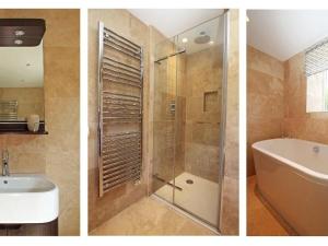 Trois photos d'une salle de bains avec douche et lavabo dans l'établissement Bal View, à Lower Boscaswell