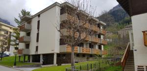 un edificio con un árbol delante en Leuca 11, en Leukerbad