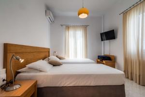 a bedroom with a bed and a lamp and a television at Uncle John's in Tripití