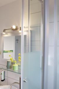 a bathroom with a shower with a glass door at Parkhotel Villingen und Boardingzimmer in Villingen-Schwenningen