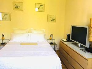 a bedroom with a bed and a flat screen tv at La maison d'Hera in Saint-Yrieix-la-Perche