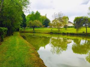 a river in a park with trees and a field at La maison d'Hera in Saint-Yrieix-la-Perche