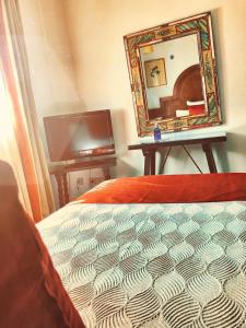 Hotel Hacienda del Cardenal في طليطلة: غرفة نوم بسرير ومرآة وتلفزيون