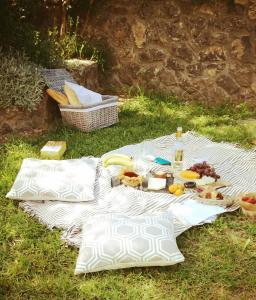 a picnic blanket with food on it in the grass at Rossi's Studios in Moraitika