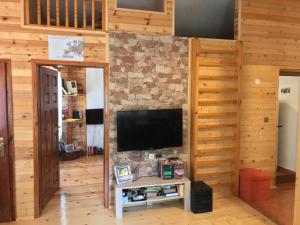 a living room with a television on a stone wall at Guest House „ Mountain Rest“ in Lilyanovo