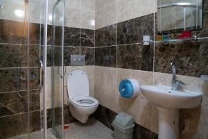 a bathroom with a toilet and a sink and a shower at Uzungöl Kuzey Park Pansiyon in Uzungöl +109 photos