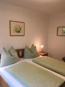 1 dormitorio con 1 cama con sábanas y almohadas verdes en Garten Apartment Diwoky, en Sankt Gilgen