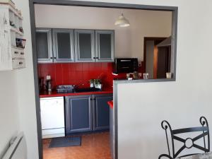 a kitchen with blue cabinets and a red wall at Les Sables Blancs in Saint-Julien-en-Born