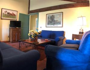 Una sala de estar con sillas azules y una mesa. en Fattoria di Casalappi, en Campiglia Marittima