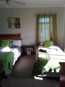 a bedroom with two beds with green sheets and a window at The Olde House in Port Elizabeth