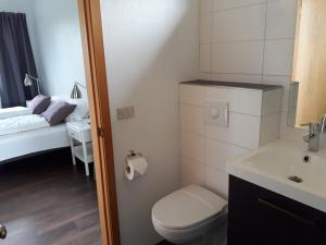 a bathroom with a toilet and a sink and a bed at Guesthouse Geldingaholt in Árnes +48 photos