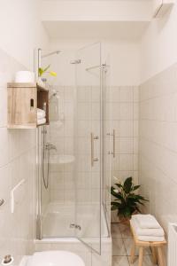 ein Bad mit einer Dusche und einer Glastür in der Unterkunft Apartmenthaus Kaiser Friedrich in Potsdam