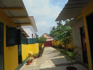 eine Gasse zwischen zwei Gebäuden mit Pflanzen an den Seiten in der Unterkunft Residencialdes in São Tomé