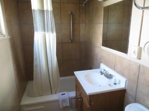 a bathroom with a sink and a toilet and a shower at The L Motel Downtown/NAU Conference Center in Flagstaff