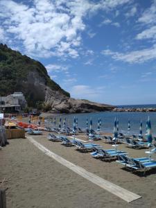 einen Strand mit blauen Liegestühlen und Sonnenschirmen in der Unterkunft La casa Viola in Ischia