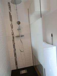 La salle de bains est pourvue d'une douche avec une porte en verre. dans l'établissement L'horizon - Bord de mer, à Ploemeur