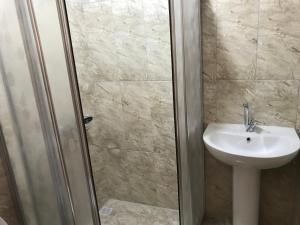 La salle de bains est pourvue d'un lavabo et d'une cabine de douche. dans l'établissement Bayraktar Konağı City Center, à Demre