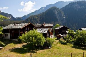 grupa drewnianych domów w górach w obiekcie Bachhüs BA1 w mieście Blatten bei Naters