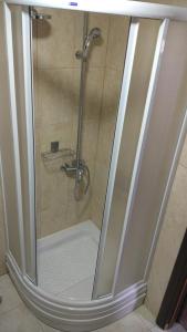 um chuveiro com uma porta de vidro na casa de banho em Kuća u prirodi em Divčibare