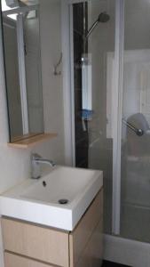 La salle de bains est pourvue d'un lavabo blanc et d'une douche. dans l'établissement Le Petit Bleu - Appt à 5m de la plage, à Dinard