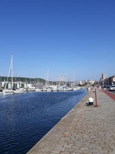 a body of water with boats in a marina at Les chambres de l'Abbaye in Fécamp