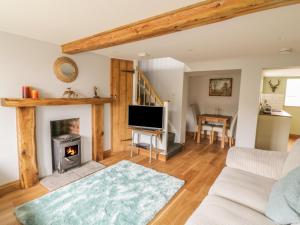 a living room with a fireplace and a tv at 2 Hillside Cottages in Ipswich