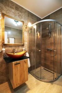 a bathroom with a sink and a glass shower at Select House in Sibiu