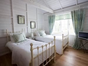 a bedroom with two beds and a television and a window at Lligwy Beach Cottage in Penrhos-Lligwy +14 photos