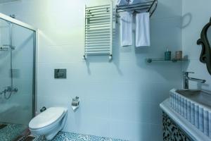 a white bathroom with a toilet and a shower at Masal Apart in Istanbul +27 photos